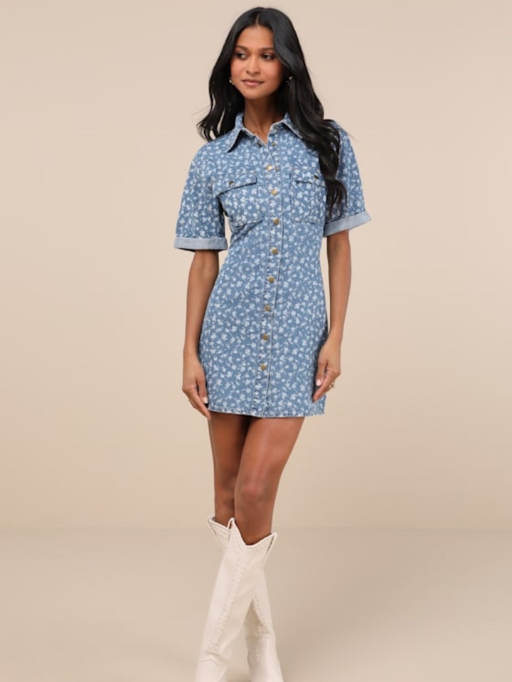 Lulus Renske Light Wash Floral Print Denim Mini Dress Blue - Size S